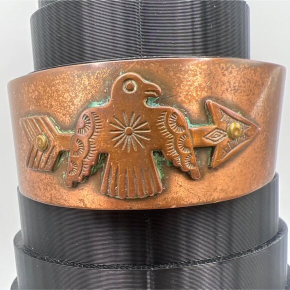 Vintage Copper Cuff Bracelet With Thunderbird & Arrow Design - Picture 4 of 9
